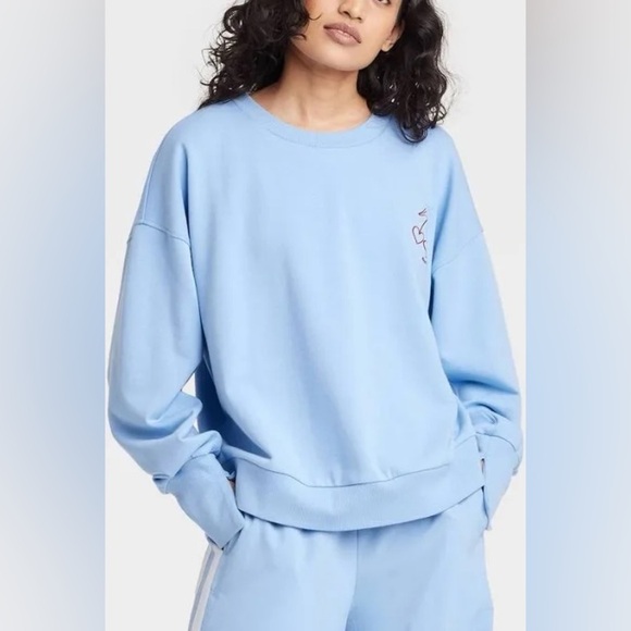 JoyLab Women’s Graphic French Terry Crewneck Sweatshirt Light Blue Various Sizes - Picture 1 of 12